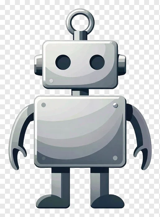 A metallic tin robot charm with a round head and two arms.