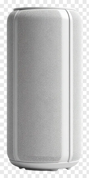 A modern cylindrical speaker with a gray grille.