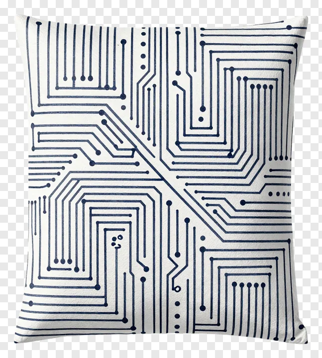 A pillow with a navy blue circuit board pattern on a white background.