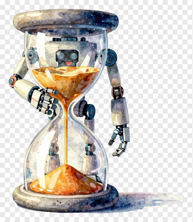Robot holding an hourglass with flowing sand.