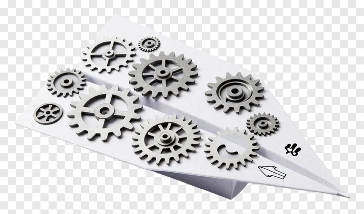 A paper airplane adorned with gear designs.