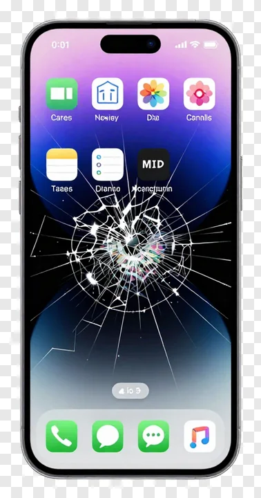 Smartphone with cracked screen and purple gradient wallpaper.