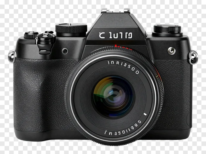 Black vintage-inspired camera with flash mount.