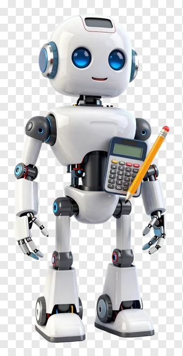 White robot holding a calculator and pencil.