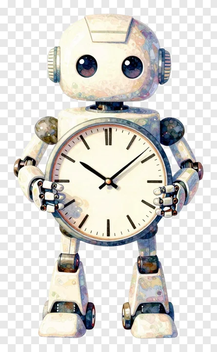 A robot holding a clock face with Roman numerals.