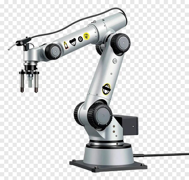 Silver robotic arm with stickers on joints.