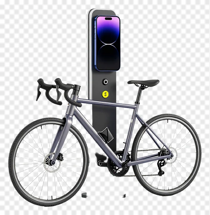 Bicycle positioned beside a smart phone charger unit.