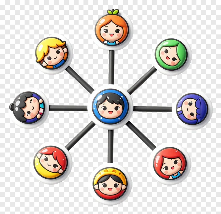 Circular nodes connected in a network pattern with cartoon faces.
