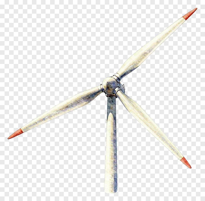 Watercolor drawing of wind turbine blades with red tips.