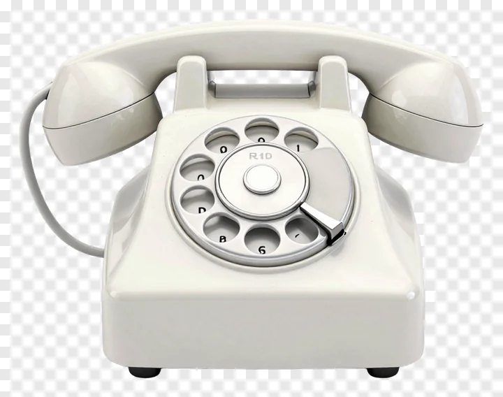 A white rotary dial telephone with handset.