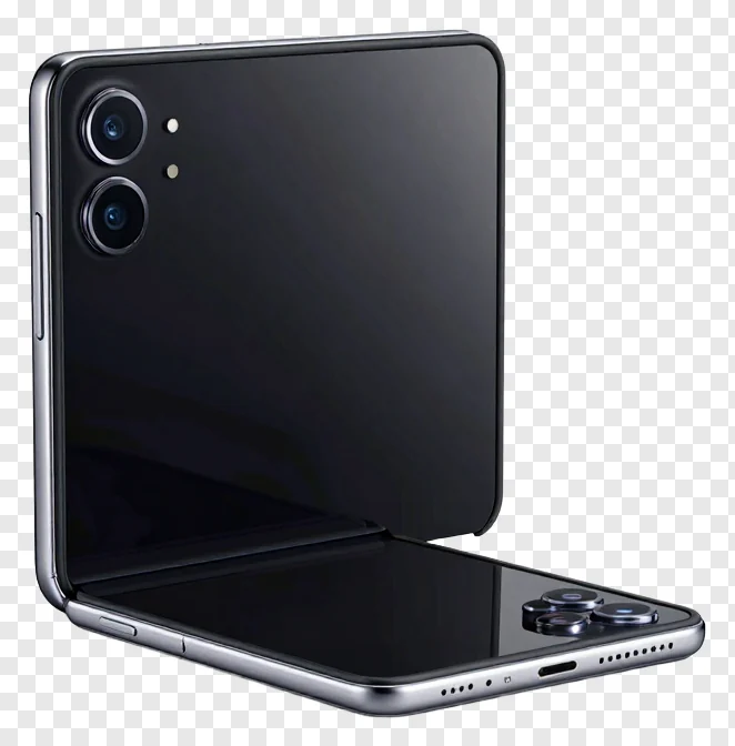 A black foldable smartphone partially unfolded.