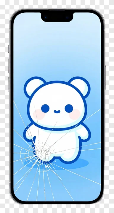 Smartphone with cracked screen showing a cartoon bear.