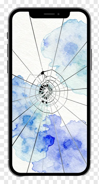 Smartphone with cracked screen showing blue watercolor design.