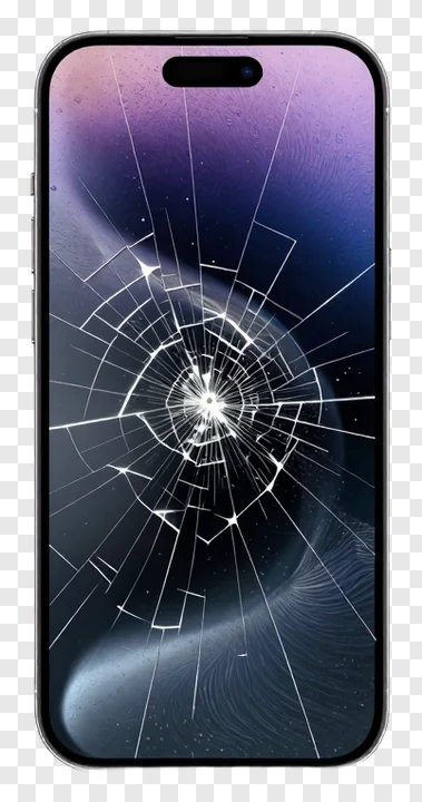 Smartphone with cracked screen displaying a space-themed wallpaper.
