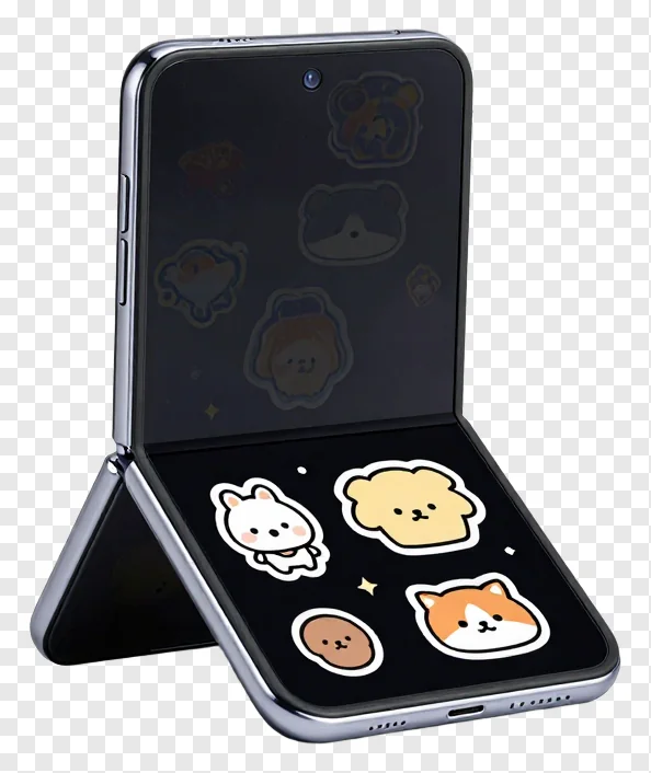 A foldable smartphone showing animal stickers on its screen.