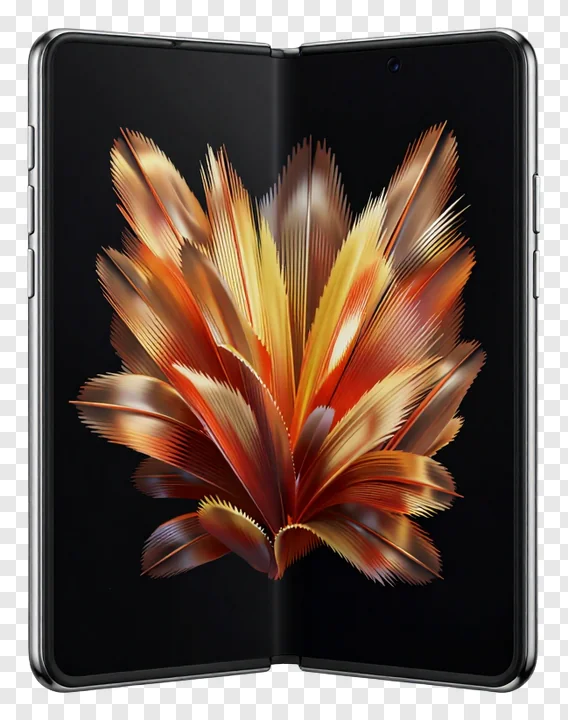 Open foldable smartphone showing golden feather artwork on screen.