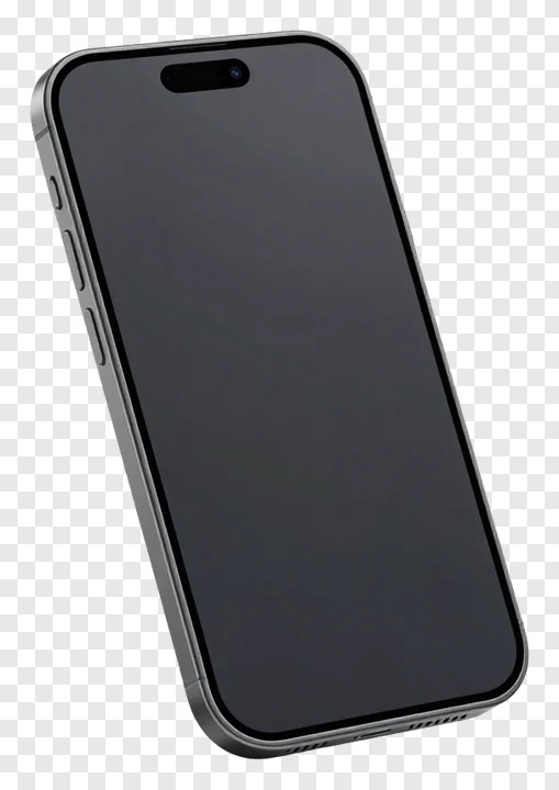Silver smartphone tilted on a white surface