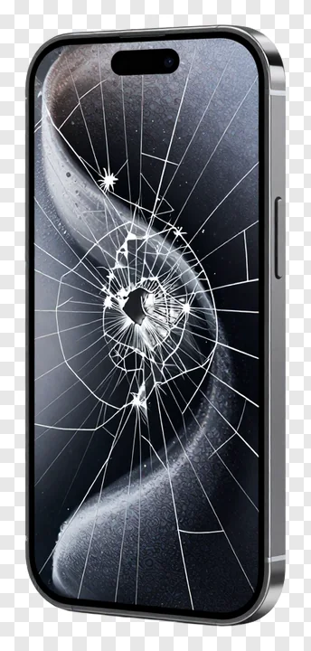A silver smartphone with a cracked screen.