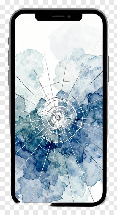 Smartphone with a cracked screen showing blue watercolor design.