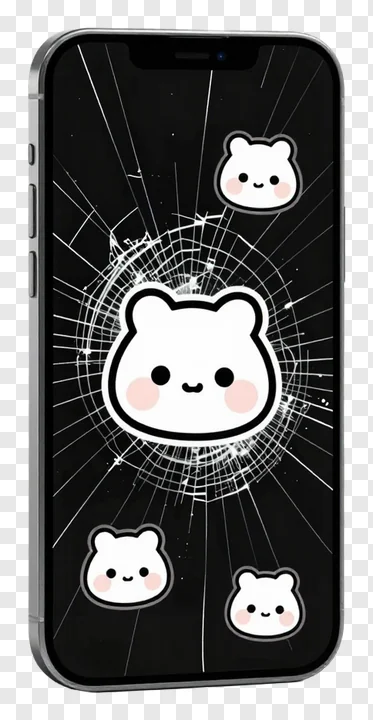 Smartphone with cracked screen showing cartoon bears.