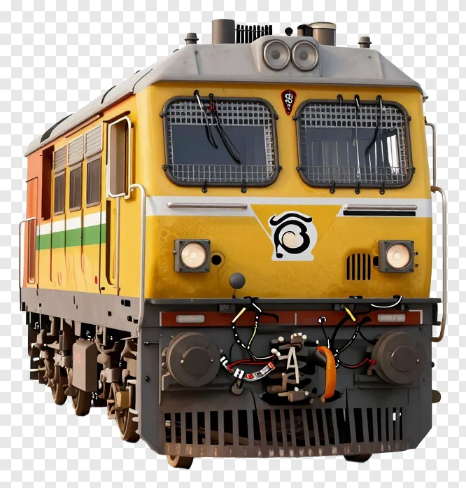Front view of a yellow diesel train engine with a logo.