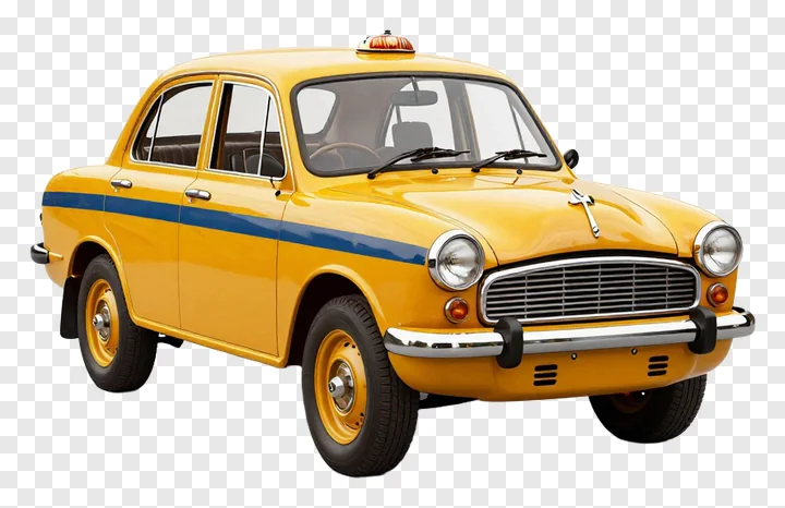 Classic yellow Kolkata taxi viewed from the front-left side.