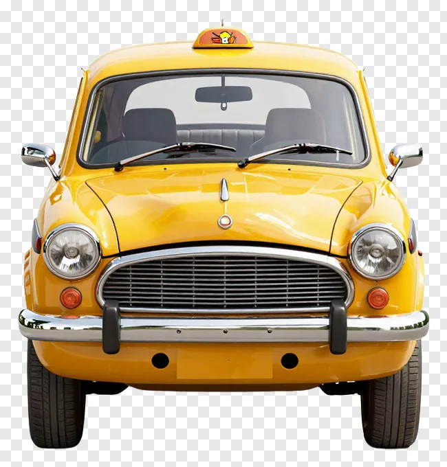 Front view of a yellow taxi with chrome details.