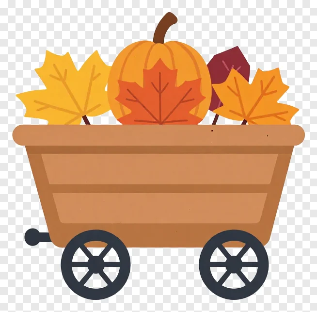 Cart loaded with autumn pumpkins and maple leaves.