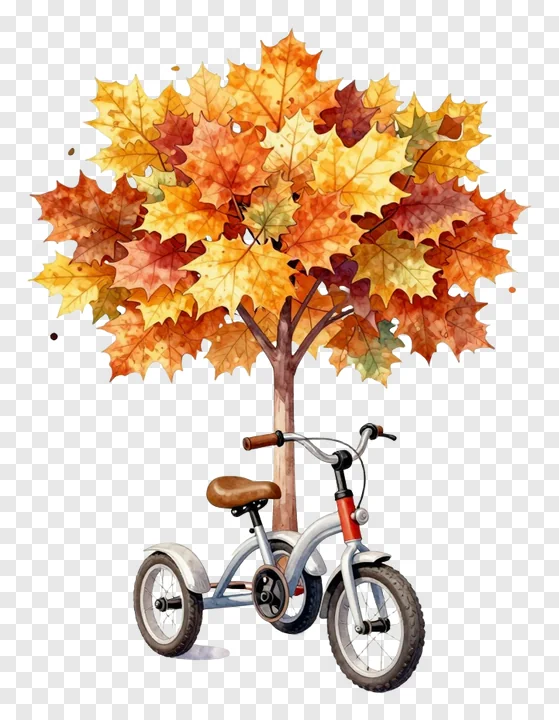 Tricycle under an autumn leaf canopy.