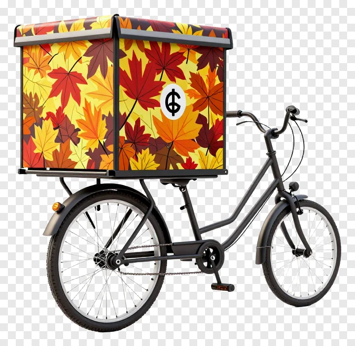 Black tricycle with autumn leaf pattern cargo box.