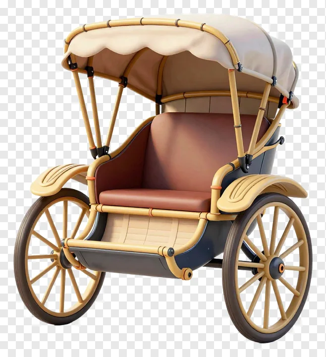 A bamboo-framed rickshaw with canopy and cushioned seat.