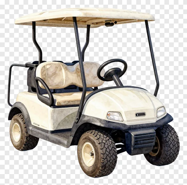 A beige golf cart with a canopy and four wheels.