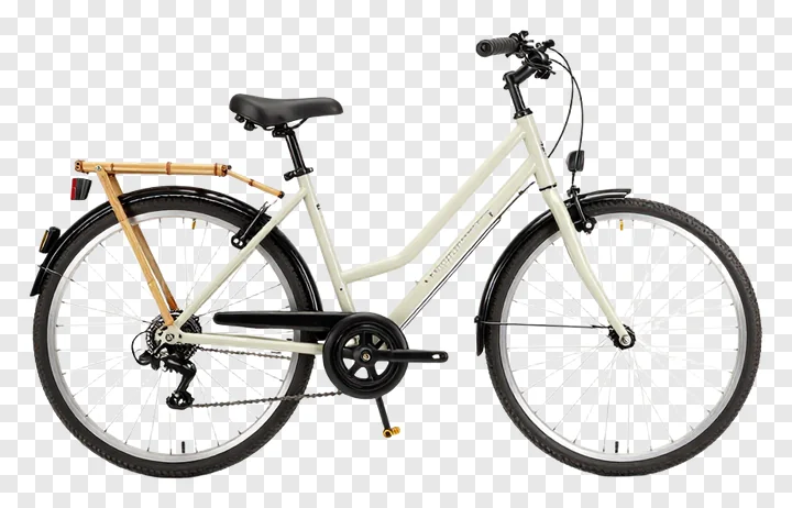 Cream bike featuring a bamboo luggage rack.