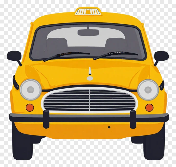 Front view of a yellow cartoon taxi.