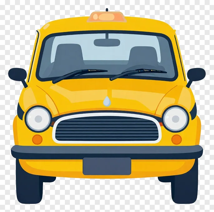 Front view of a yellow cartoon taxi.