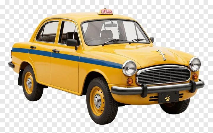 Classic yellow taxi with blue stripe on white background.