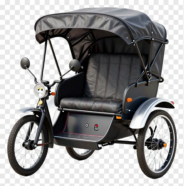 A black motorized rickshaw with side mirrors.