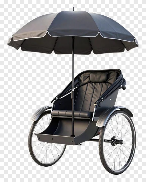 Black rickshaw with an umbrella for shade.