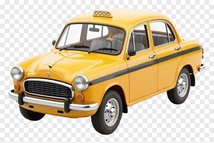 Vintage yellow Kolkata taxi viewed at an angled perspective.