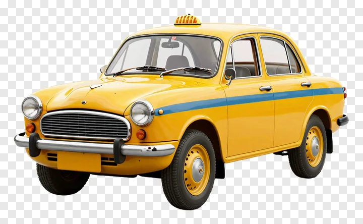 Classic yellow taxi with blue stripe and roof light.
