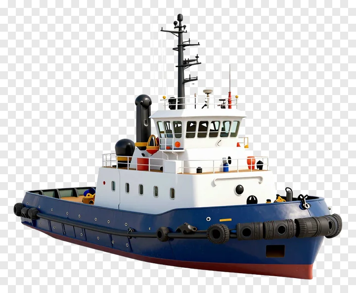 A blue and white tugboat without background.