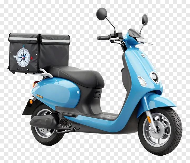 Light blue scooter carrying a compass-themed delivery bag.