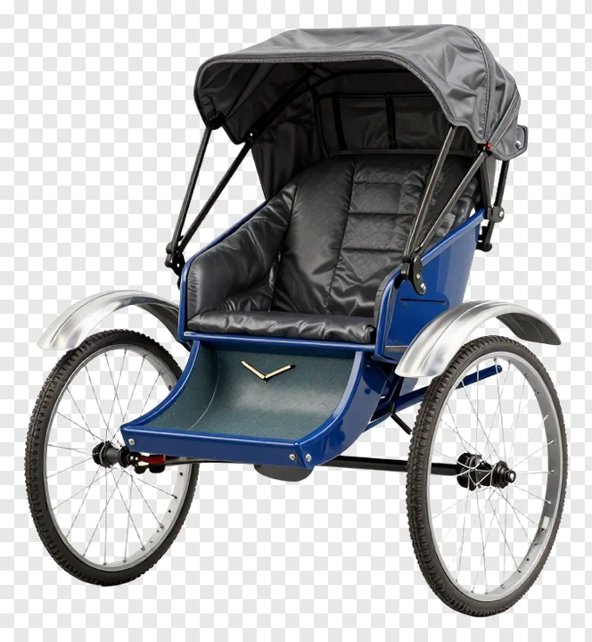 Blue rickshaw with cargo rack on white background.