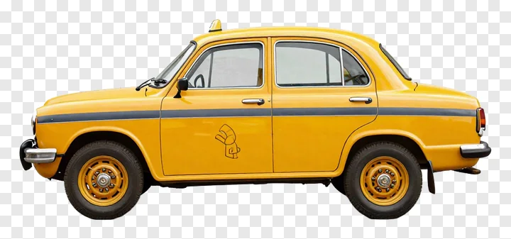 Side view of a bright yellow taxi with blue stripe.