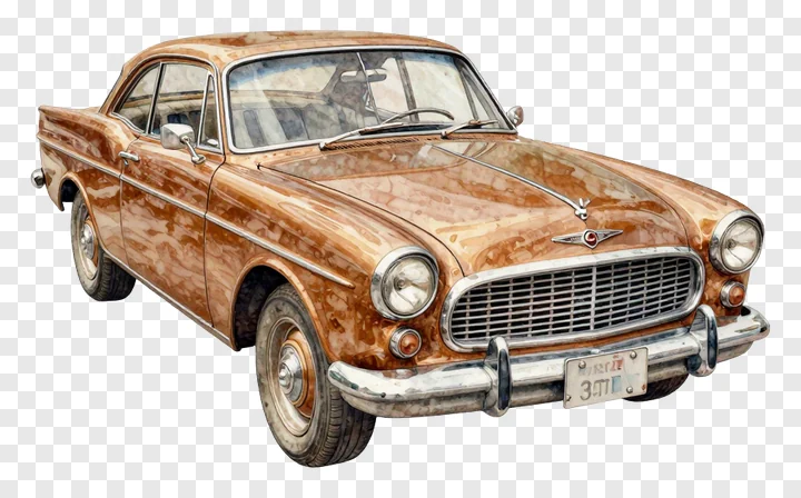 A bronze vintage car with a detailed hood.