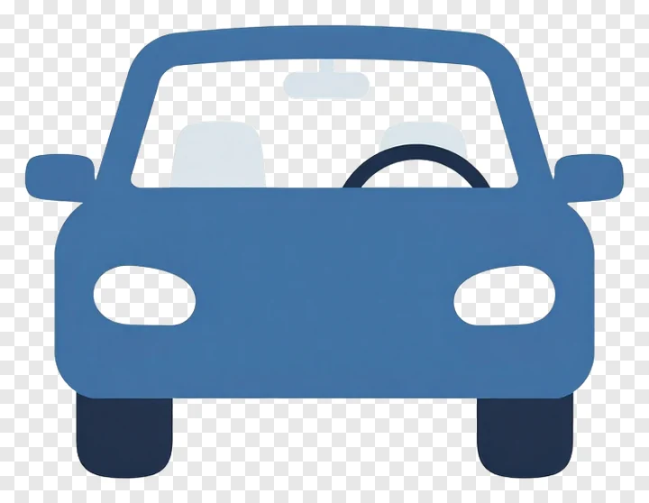 Blue car front view on white background.