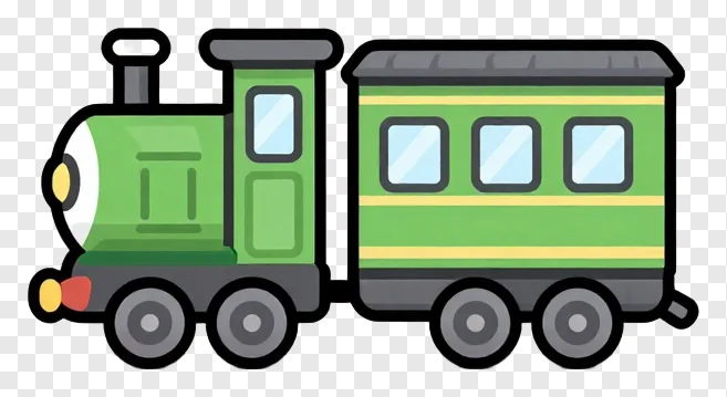A green toy train with a yellow stripe.