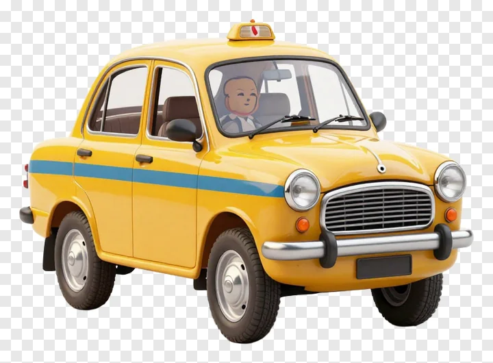 Yellow taxi with blue stripe on white background.
