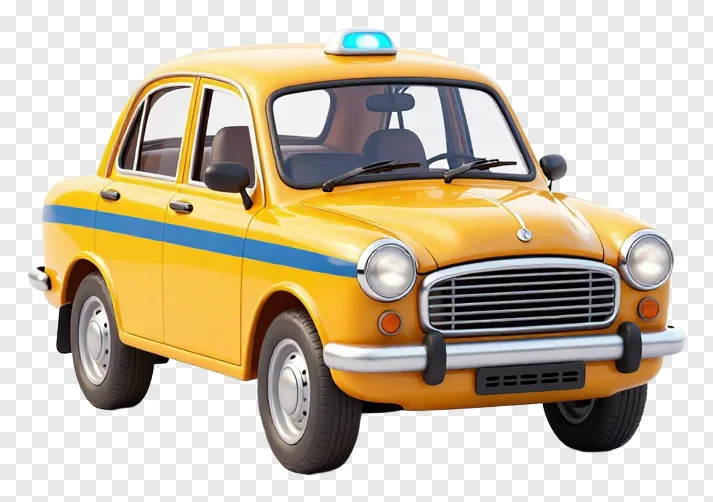 Yellow taxi with blue stripe on white background.