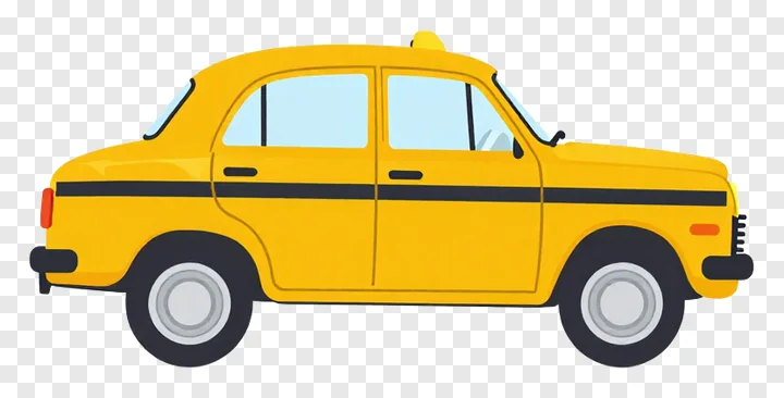 A cartoon-style yellow taxi viewed from the side.